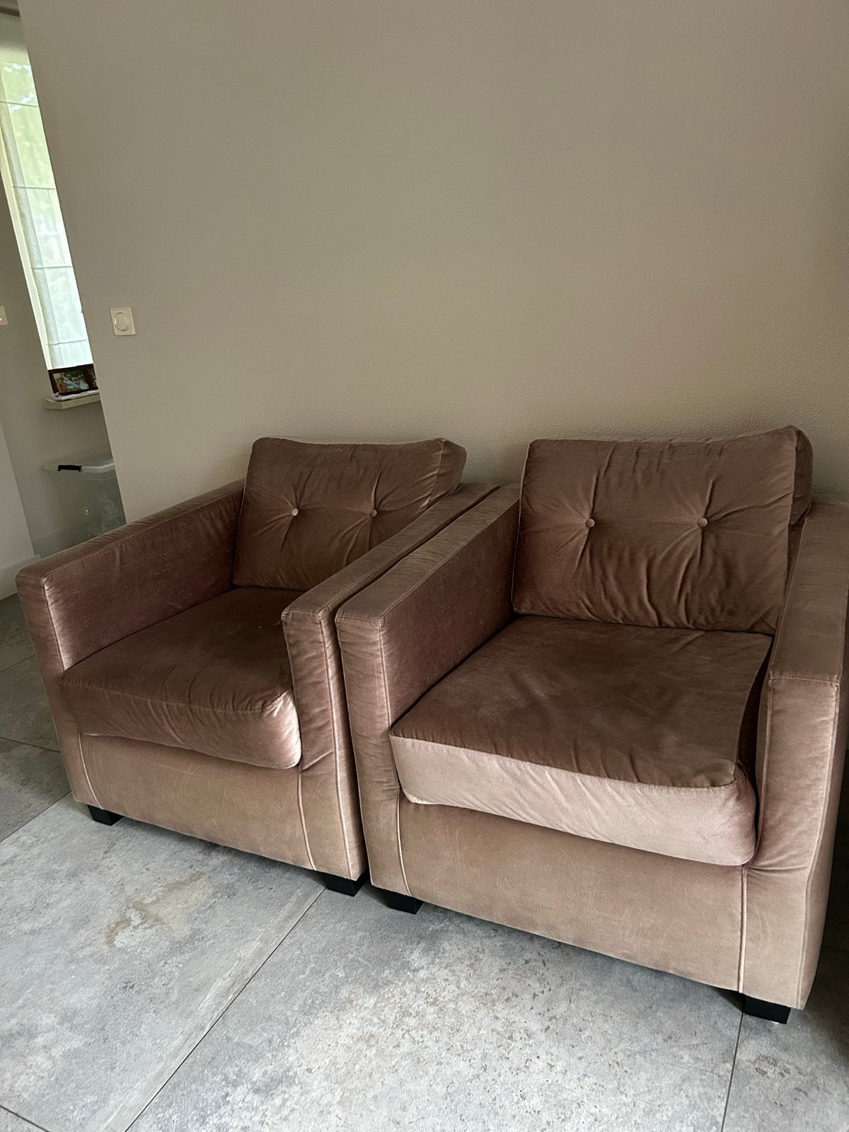 2 Keyser & Co fauteuils in poederroze velours, Ophalen, Gebruikt, Stof