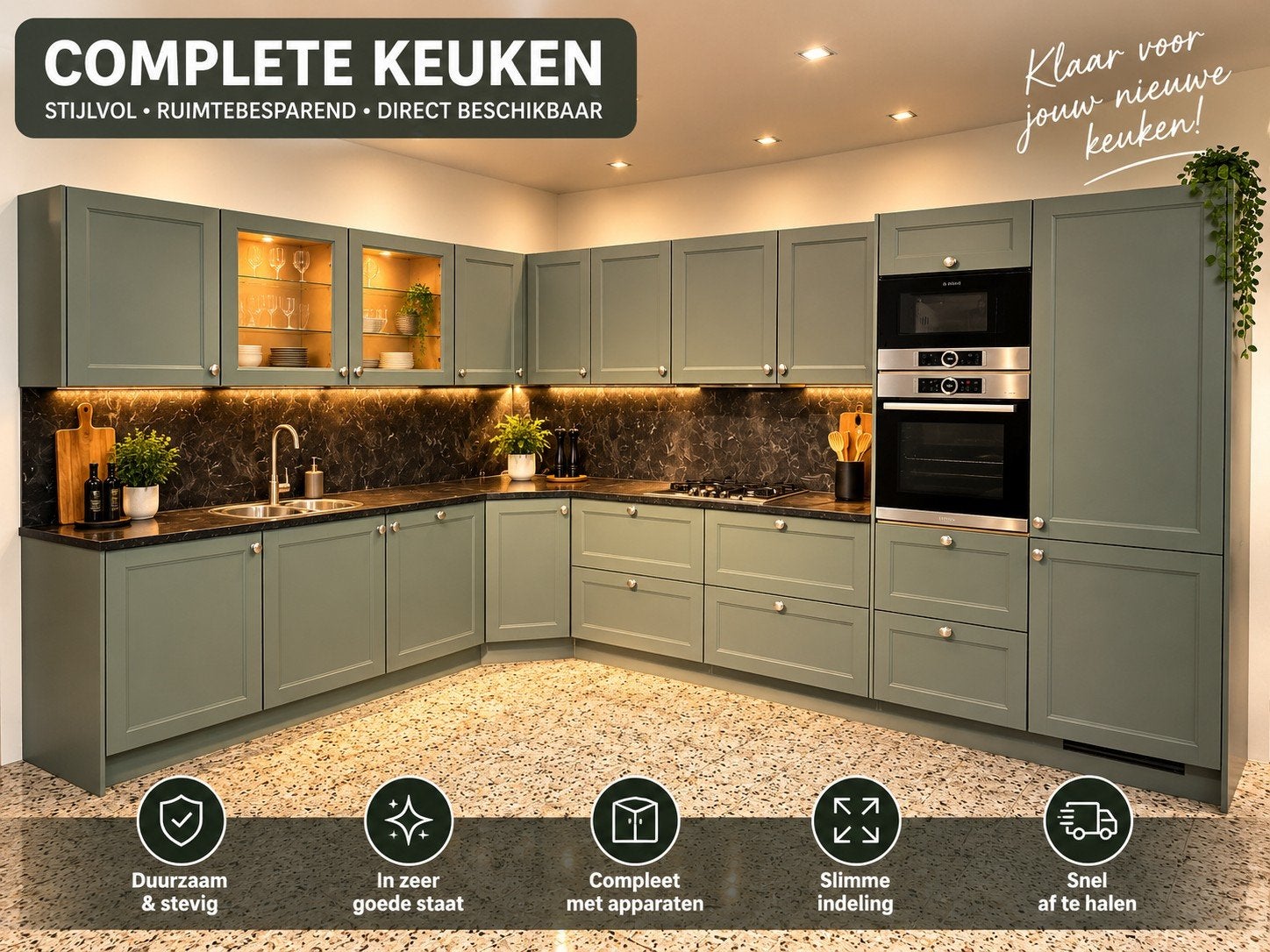 Showroom Landelijke Duitse Keuken incl. Bosch Apparatuur, Hoekkeuken, Nieuw, Ophalen of Verzenden, Kunststof