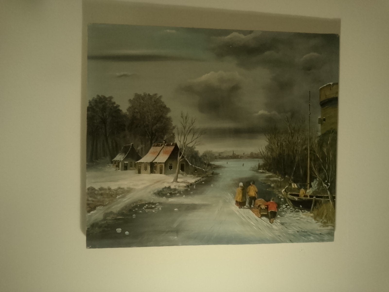 Winterlandschap met schaatsers en dorpsgezicht 70l60 cm., Antiek en Kunst, Ophalen