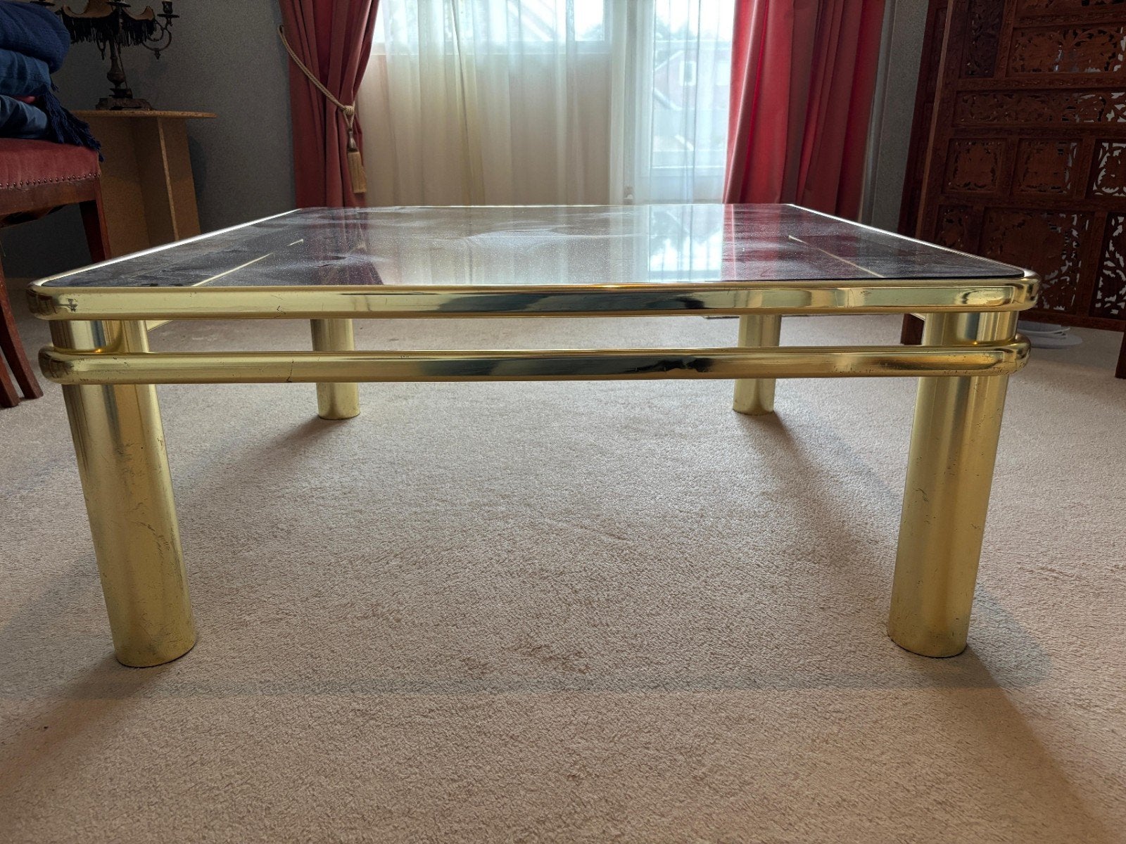 Messing salontafel met glasplaat, Ophalen, Gebruikt, 100 tot 150 cm, 50 tot 100 cm