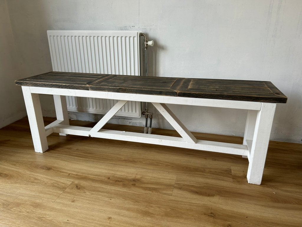Houten Bankje (Wit onderstel met Robuust Blad), Ophalen