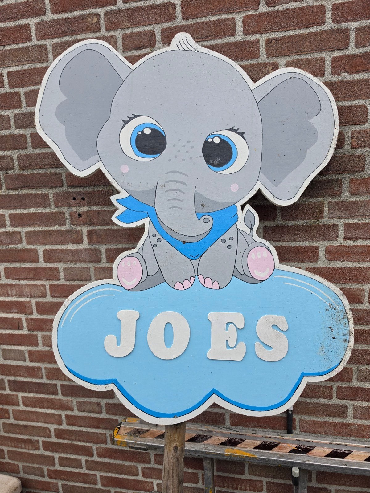 Geboortebord olifant 'JOES' met paal, Ophalen, Gebruikt