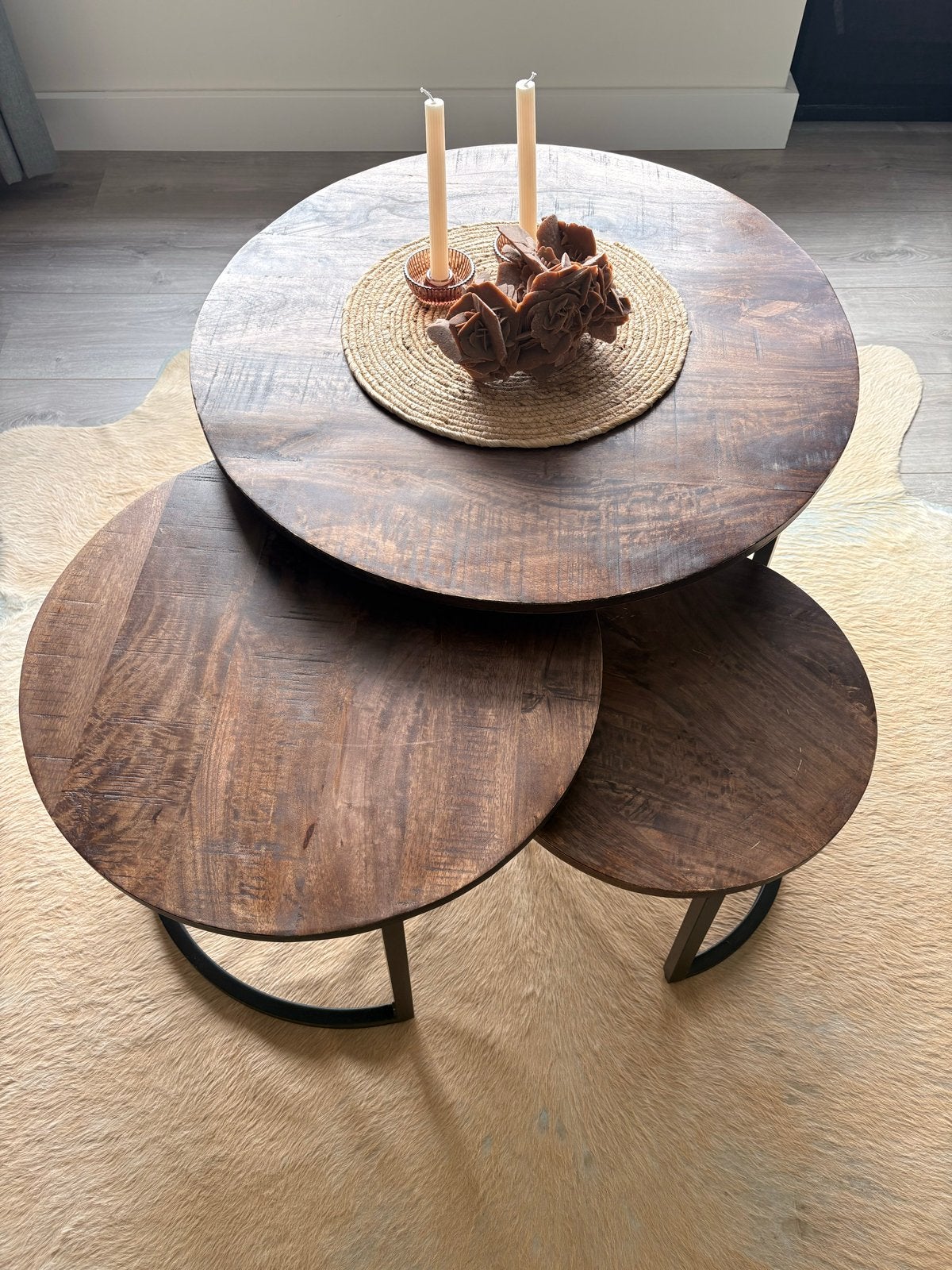 Set van 3 ronde salontafels, mangohout en metaal, Ophalen, 50 – 75, Rond, 50 tot 100 cm