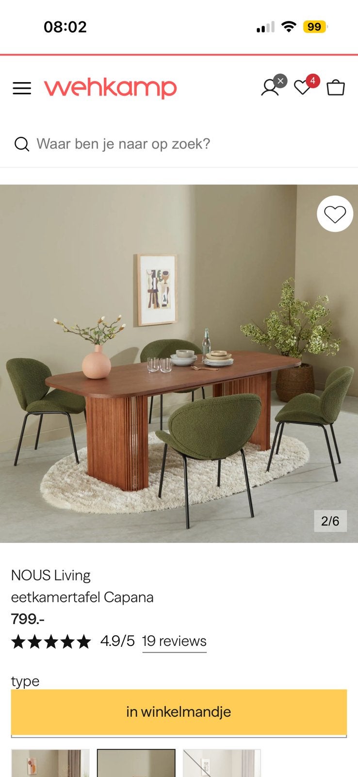 Wehkamp cabana eettafel+ bank en stoelen, Ophalen, Gebruikt, Walnootkleur en gemaakt van essenhout, 200 cm of meer