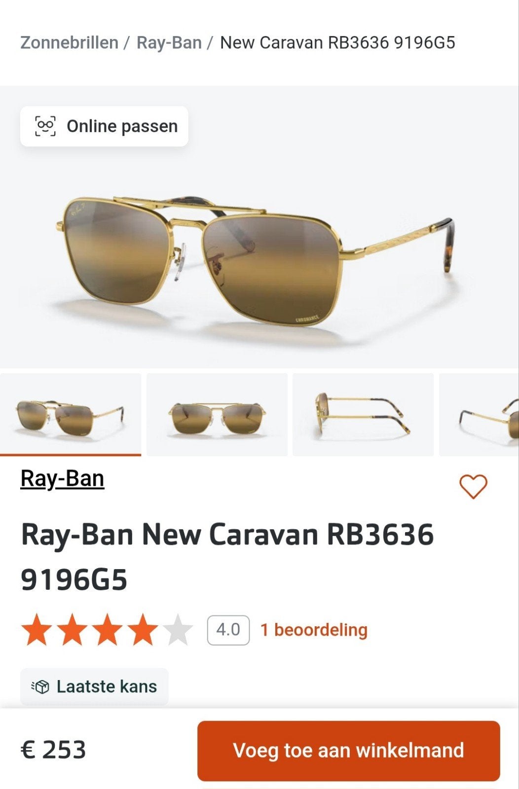 Ray-Ban New Caravan RB3636 9196G5 zonnebril goud, Ophalen of Verzenden, Zo goed als nieuw, Bruin, Ray-Ban