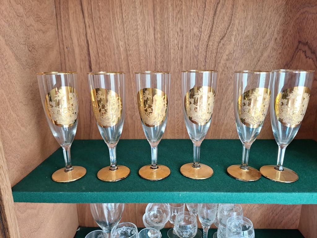 Set van 6 antieke champagneglazen met gouden decoratie, Ophalen of Verzenden