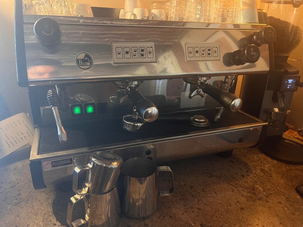 La Pavoni Bar 2V 230V set met Anfim Practica AE65 bonenmaler, Ophalen of Verzenden, Gebruikt, Koffie en Espresso