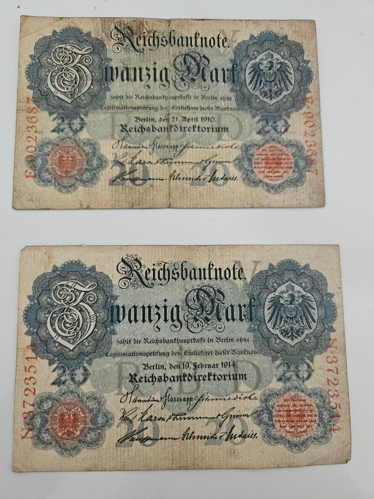 2x bankbiljet Duitsland 20 mark, 1910 en 1914, Verzenden, Duitsland