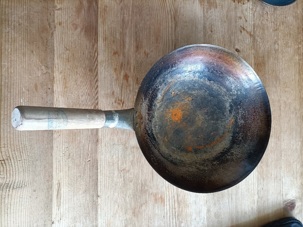 Vintage Wokpan met houten handvat - Gebruikt, Huis en Inrichting, Ophalen, Overige materialen, Gebruikt, Met handvatten