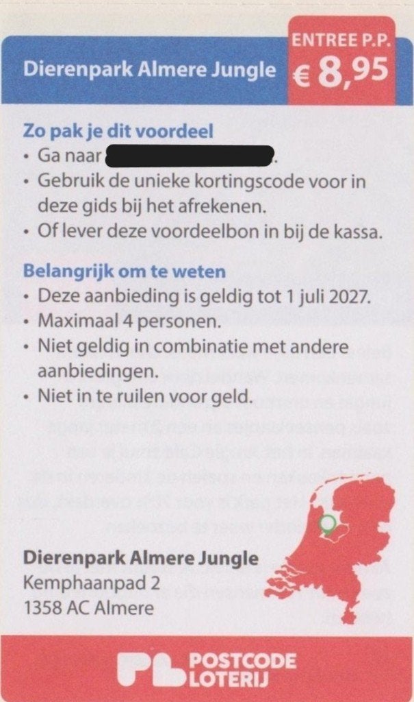 Dierenpark Almere Jungle. €8,95 korting p.p. Postcode bon., Drie personen of meer, Kortingskaart