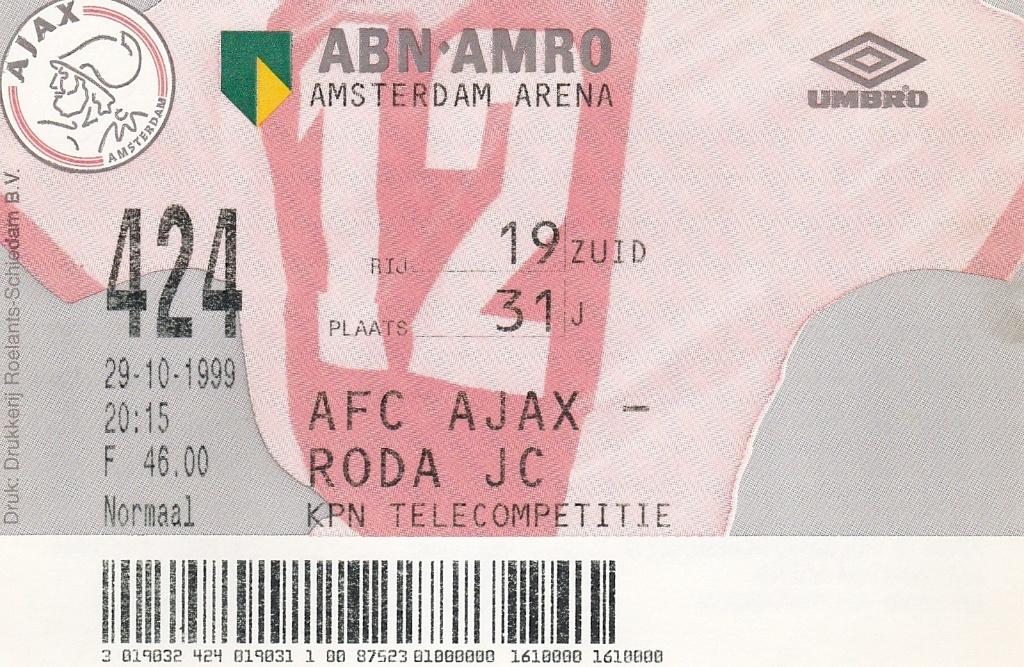 Ticket:Ajax v RODA JC 29-10-1999, Verzamelen, Verzenden, Gebruikt, Ajax, Overige typen