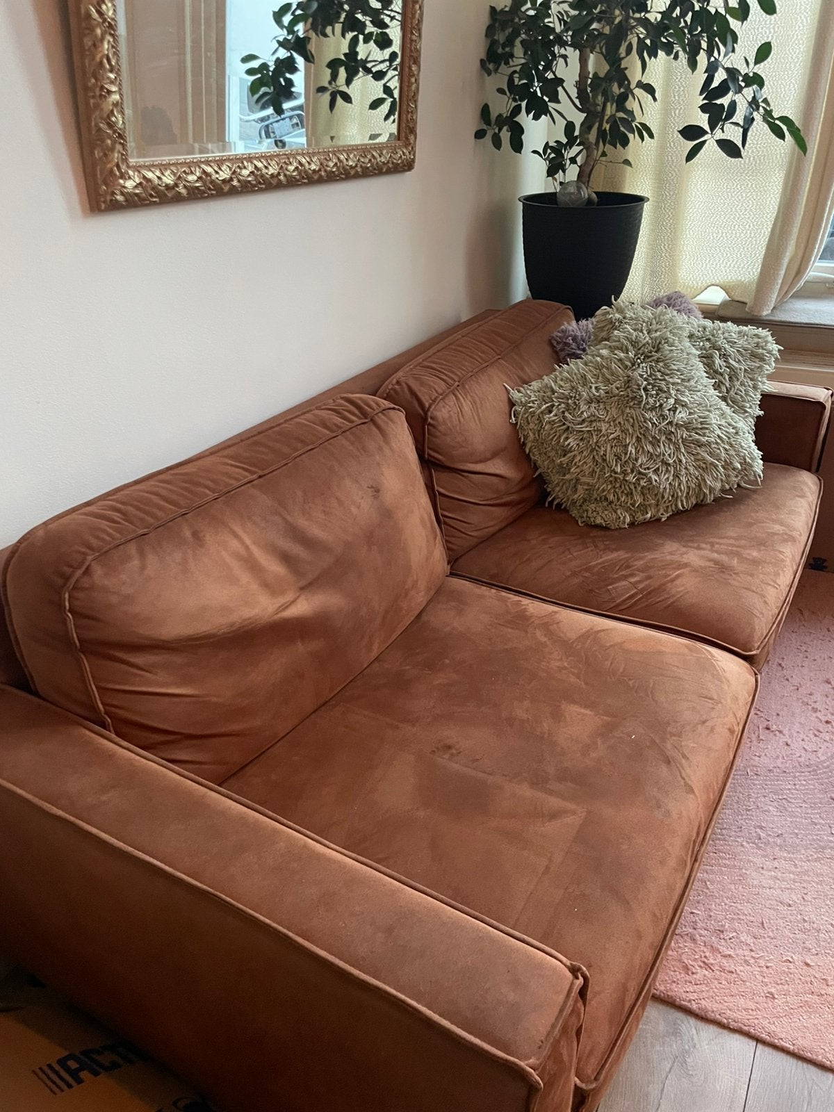 Tweepersoons bank, 2 meter, cognac kleur, Ophalen, Tweepersoons, 75 tot 100 cm, Zo goed als nieuw