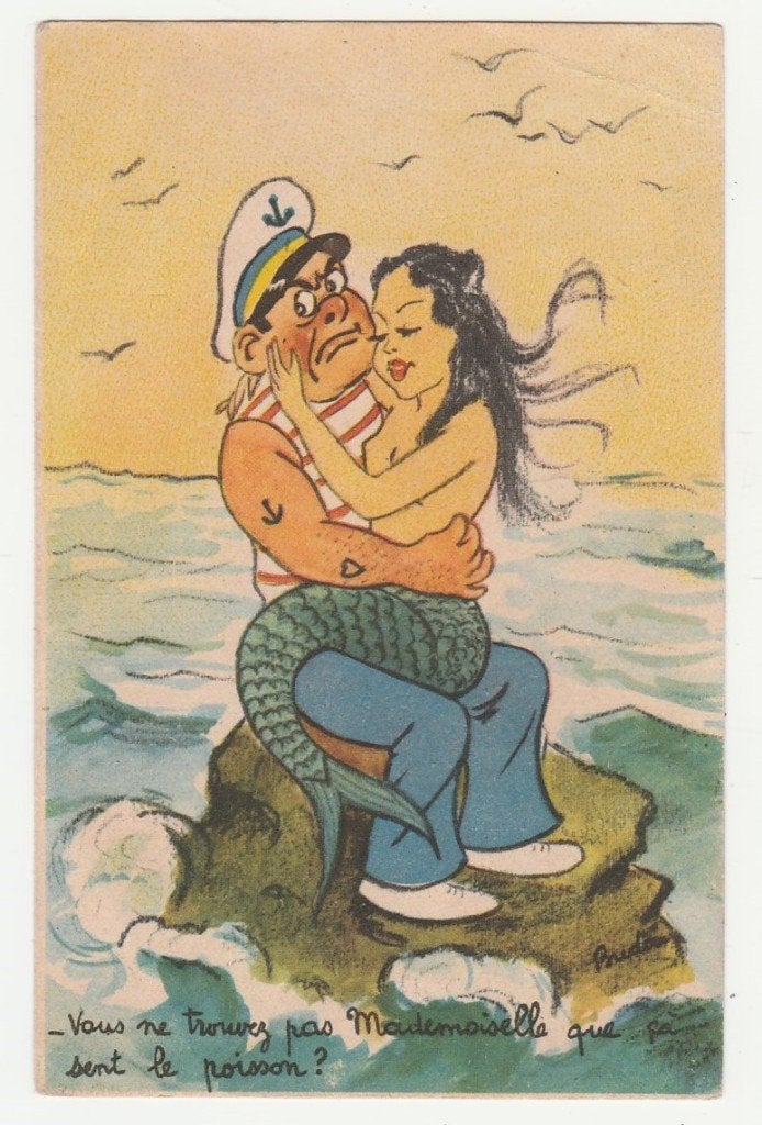 Zeemeerminnen.  Zeeman met zeemeermin.  Illustrateurs., Verzenden, 1940 tot 1960, Ongelopen, Overige thema's