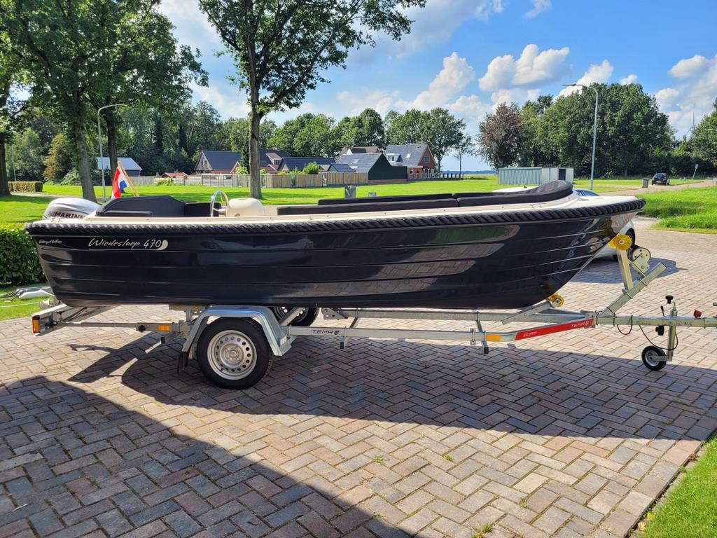 Wiedesloep 470 incl. Yamaha 9.9 pk + trailer + biminitop, Watersport en Boten, Sloepen, Ophalen, Gebruikt, Buitenboordmotor, Polyester