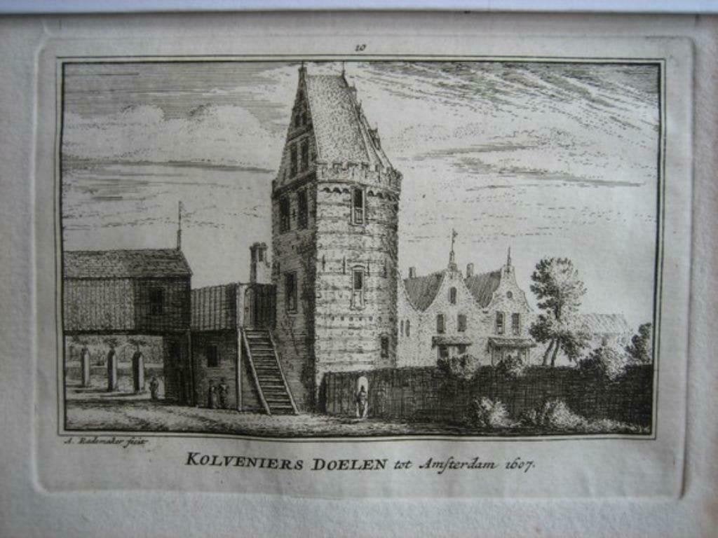 010 / Amsterdam de Kolveniers doelen Kopergravure 18e Eeuw, Ophalen of Verzenden