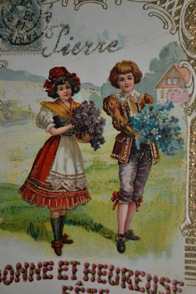 frankrijk 1907 jongen meisje viooltjes vergeetmijnietjes, Verzamelen, Ansichtkaarten | Themakaarten, Ophalen of Verzenden, Voor 1920