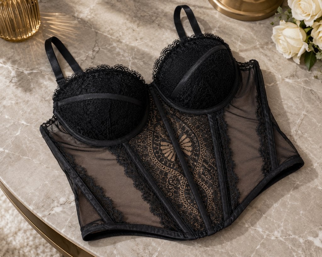 Elegante zwarte korset met kant XS, Verzenden, Zwart, Body of Korset