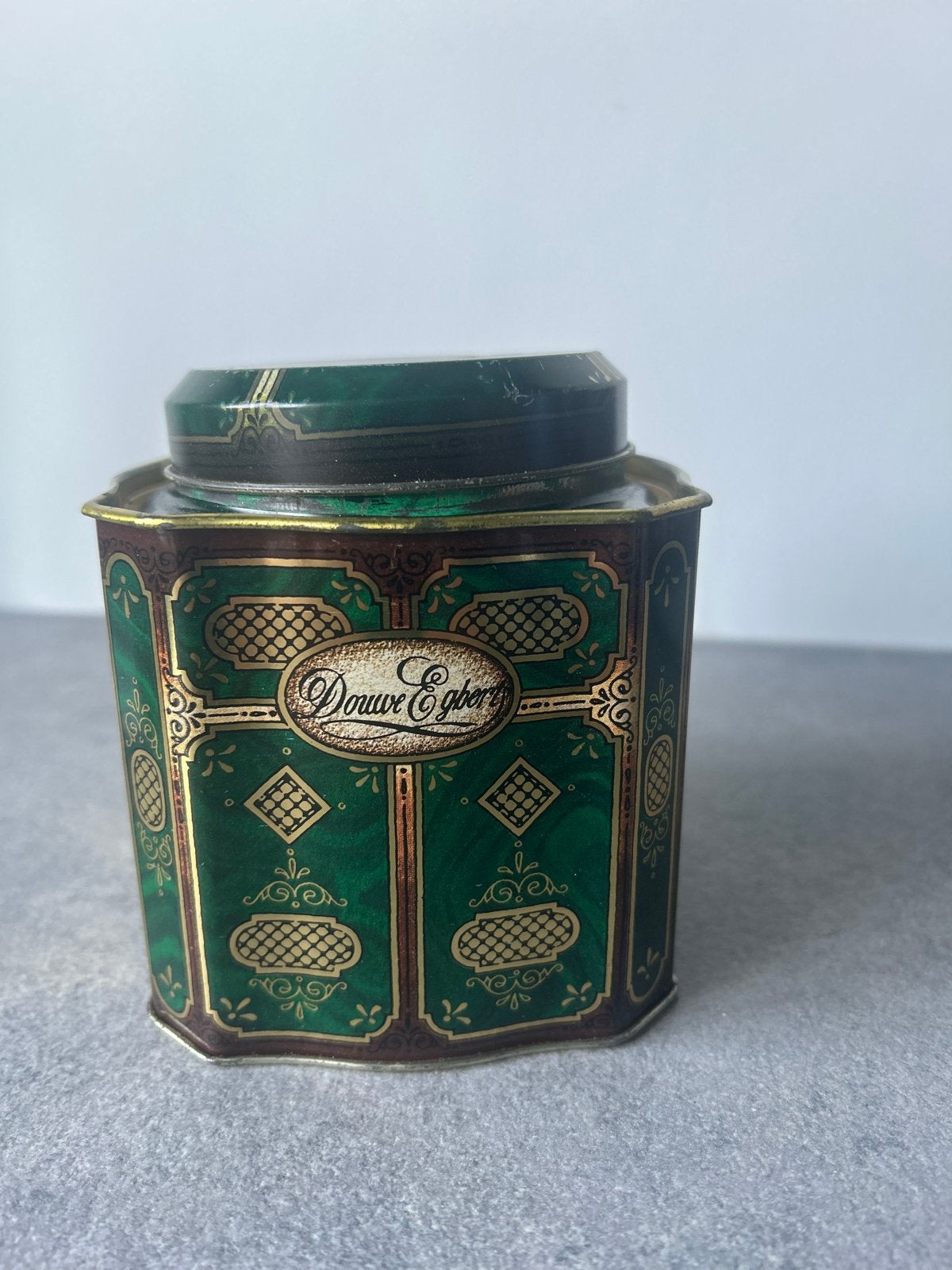 Vintage Douwe Egberts Pickwick Theeblik - Groen/Goud, Ophalen of Verzenden, Gebruikt, Thee, Douwe Egberts