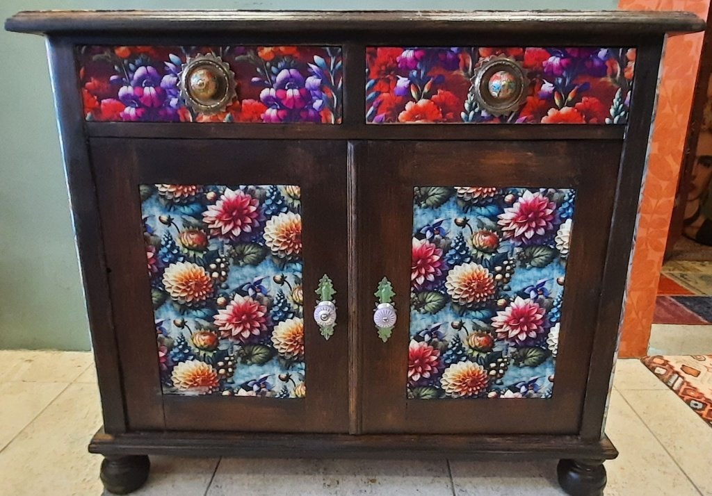 antiek gedecoreerd kastje bruin met bloemenprint, Ophalen