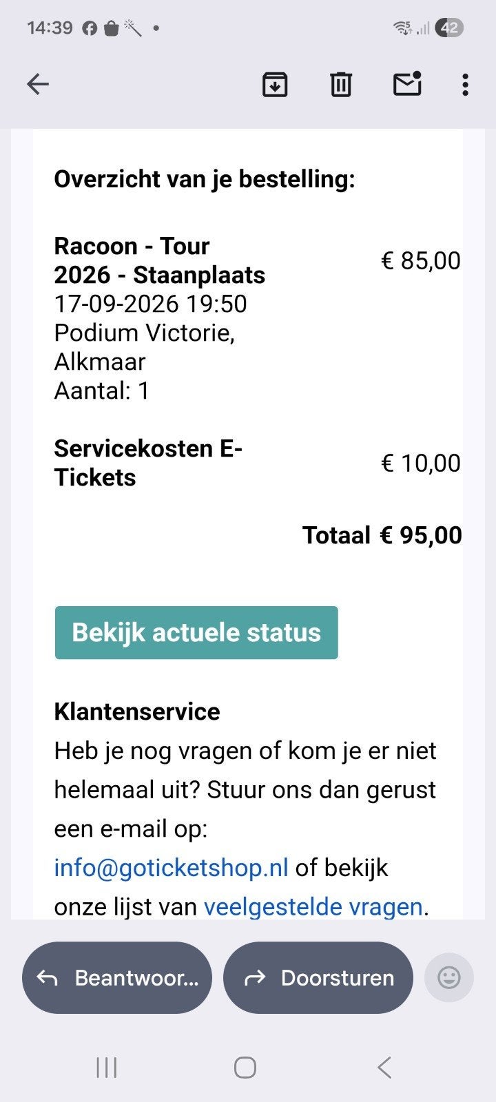 1 ticket concert racoon voor 17 september 2026 in Alkmaar, Eén persoon, September
