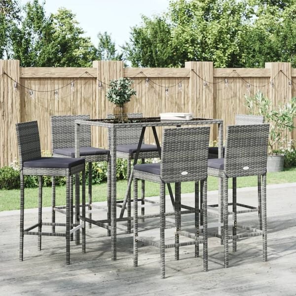 Rotan hoge tuin bar tafel met 6 krukken kussens, Ophalen, Gebruikt, Rotan, 6 zitplaatsen