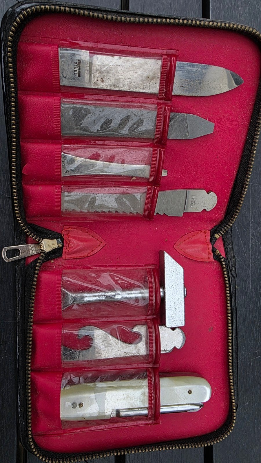 Vintage Multitool Set van stainless steel in Leren Etui va, Antiek en Kunst, Ophalen of Verzenden