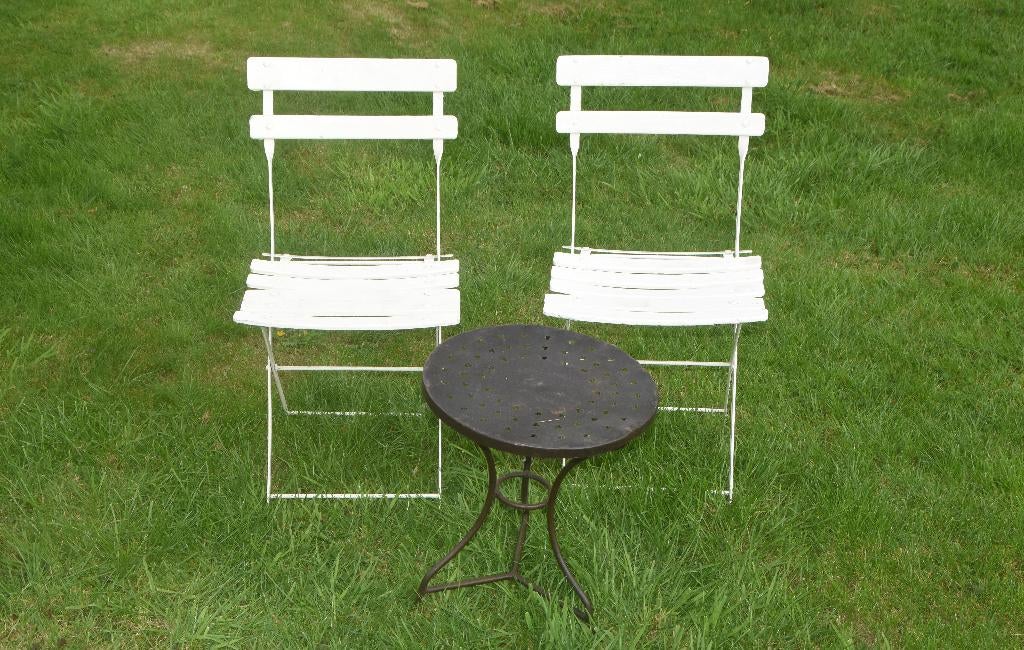 Brocante Franse Bistro set Tuinstoelen met Tafeltje, Tuin en Terras, Tuinstoelen, Ophalen, Gebruikt, Metaal