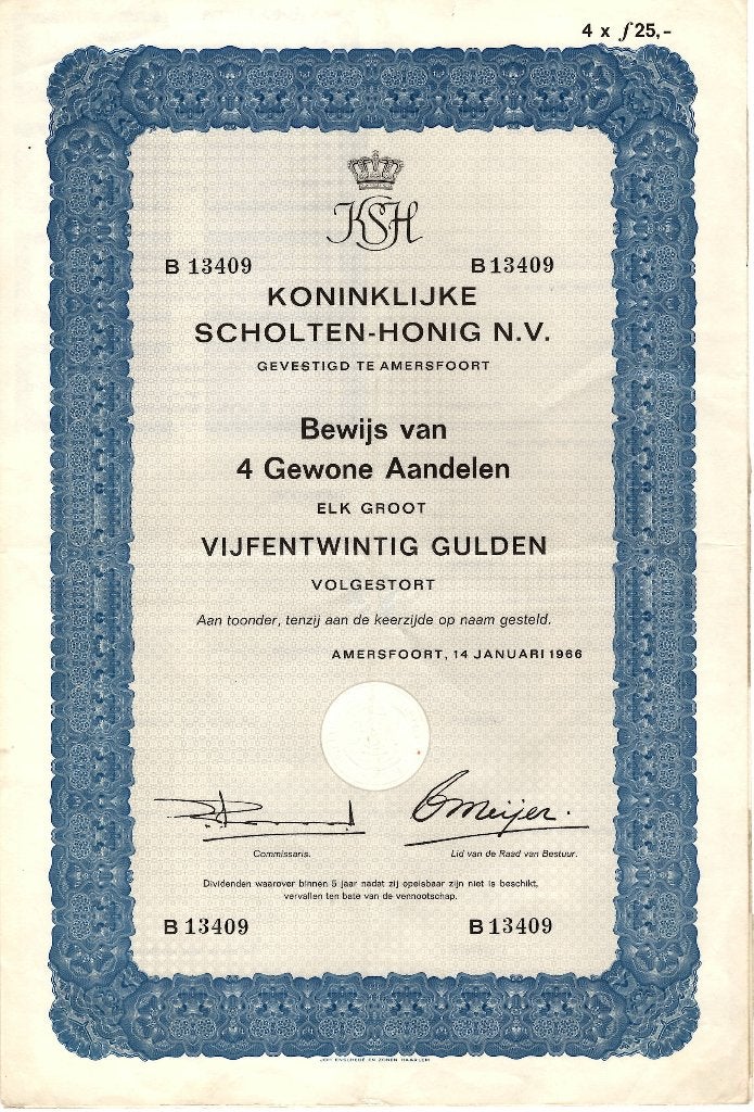 Aandeel Scholten-Honig - Voeding te Amersfoort, Ophalen of Verzenden, 1950 tot 1970, Aandeel