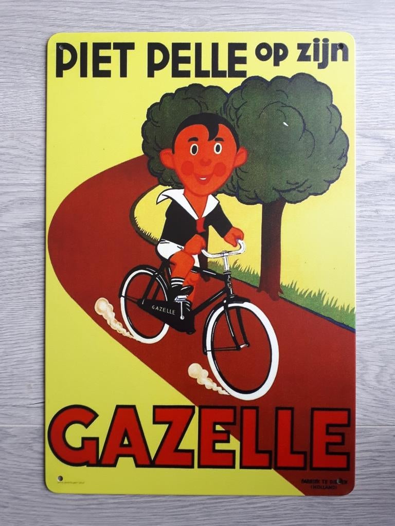 Piet Pelle Op Zijn Gazelle Dieren 20x30 cm Reclamebord, Verzamelen, Merken en Reclamevoorwerpen, Ophalen of Verzenden, Nieuw, Reclamebord