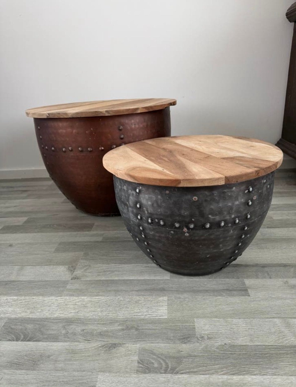 Set van 2 Coco Maison bijzettafels - metaal en hout, Huis en Inrichting, Tafels | Salontafels, Ophalen, 50 – 75, Rond, 50 tot 100 cm