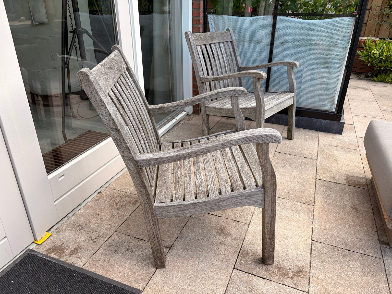 Twee Teakhouten Tuinstoelen met Kussens, Ophalen, Gebruikt, Teakhout