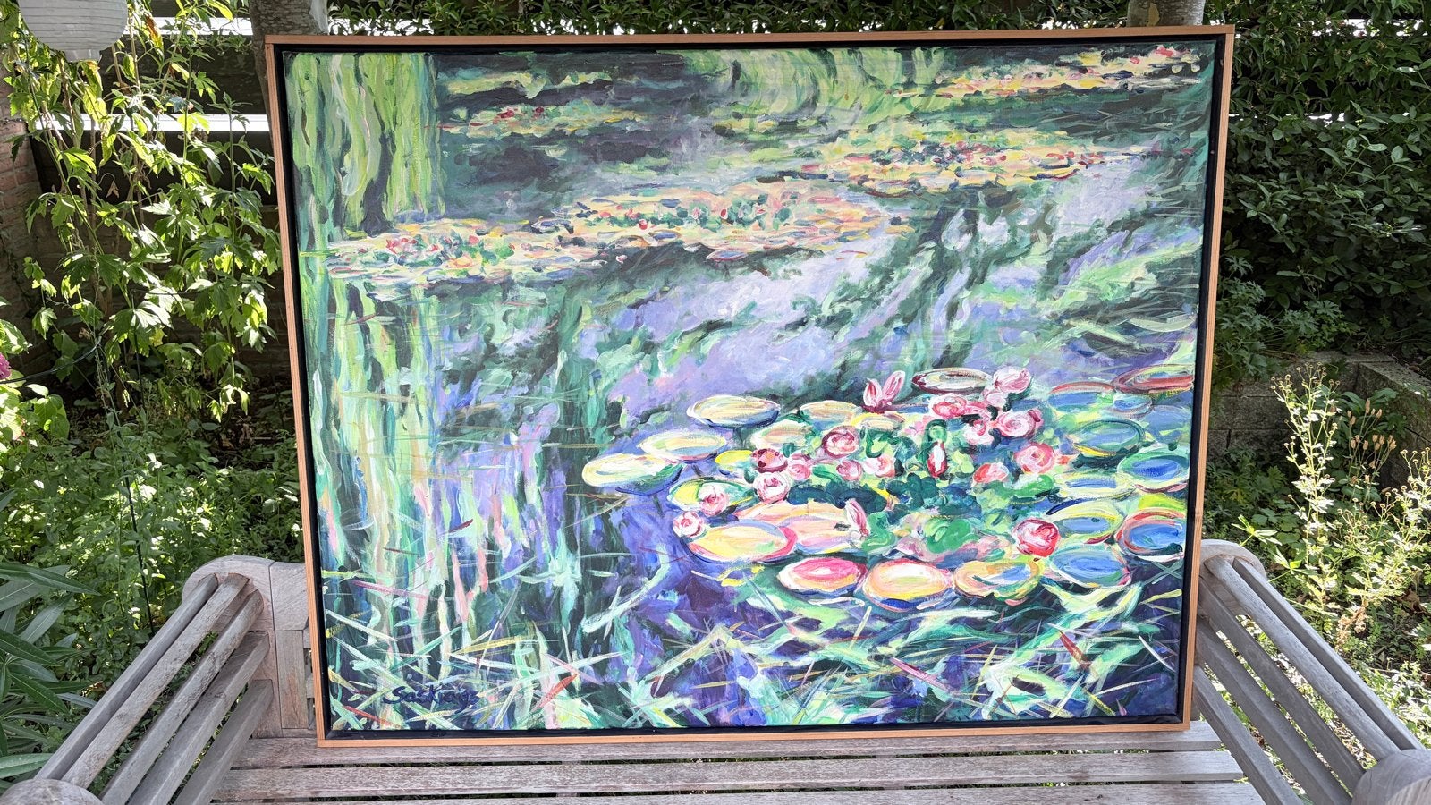 Olieverfschilderij Saskia (1993) - Waterlelies Monet-stijl, Ophalen, Bloemen, Textiel, Gesigneerd