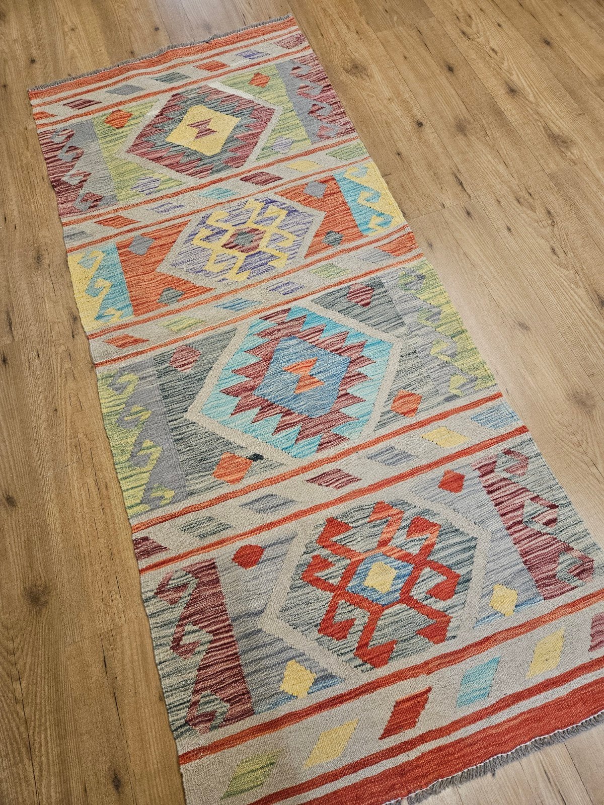 Handgeweven oosterse wollen kelim loper 194x84, Huis en Inrichting, Stoffering | Tapijten en Kleden, Info@SlatsAntiek.nl, Kelim
