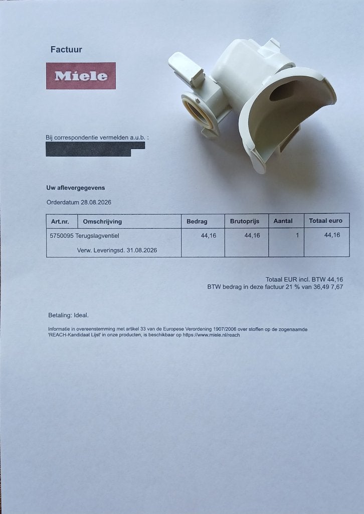 Terugslagventiel voor Miele vaatwasser (nieuw!), Verzenden, Nieuw