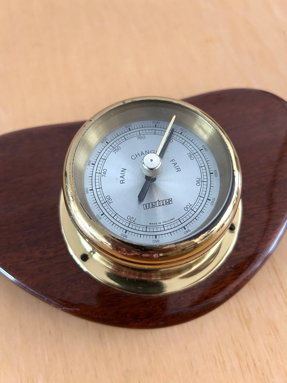 Vintage messing Vetus barometer op hout, Ophalen of Verzenden, Gebruikt