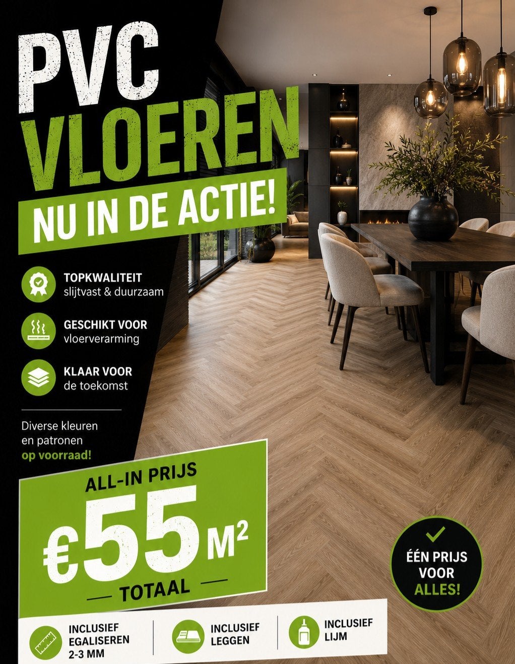 PVC VLOEREN NU IN DE ACTIE!  VISGRAAT XL BELAKOS PVC, Huis en Inrichting, Ophalen of Verzenden, Nieuw, 75 m² of meer, Overige typen