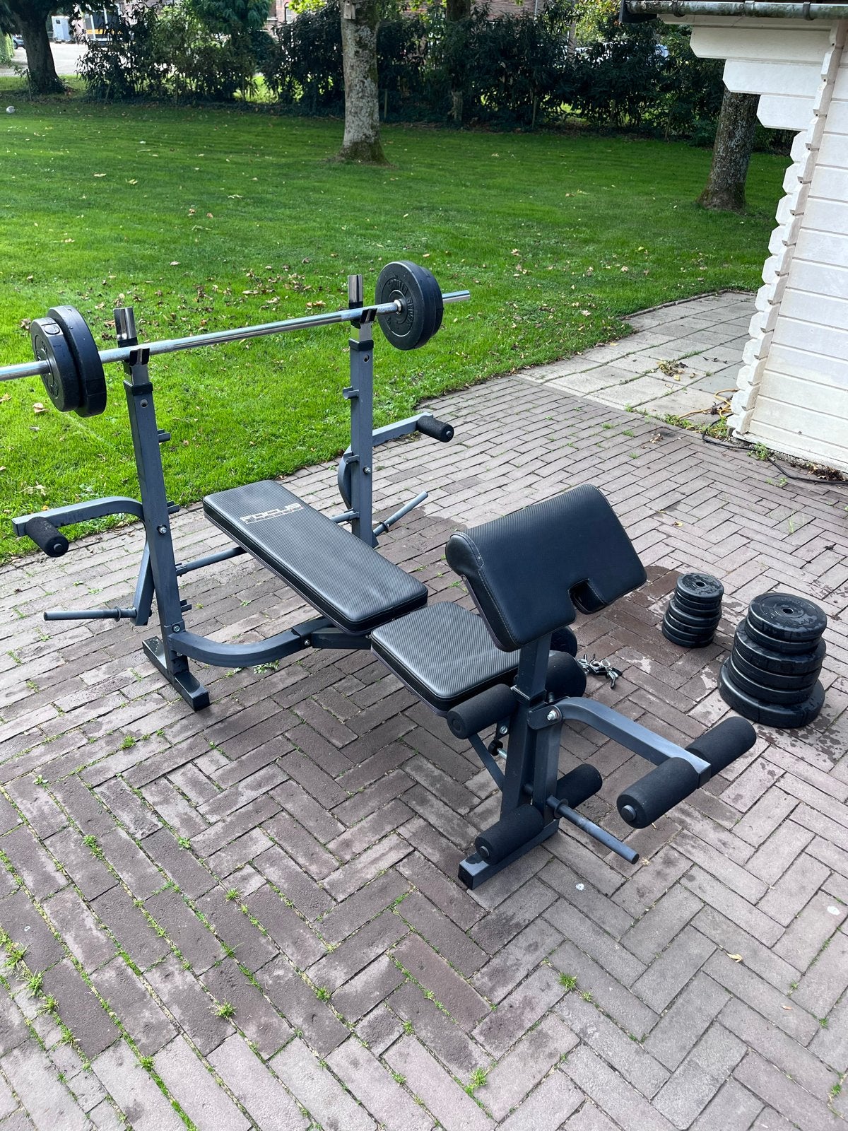 Halterbank inclusief gewichten en dumbells MOET WEG, Ophalen, Gebruikt, Krachtstation, Armen