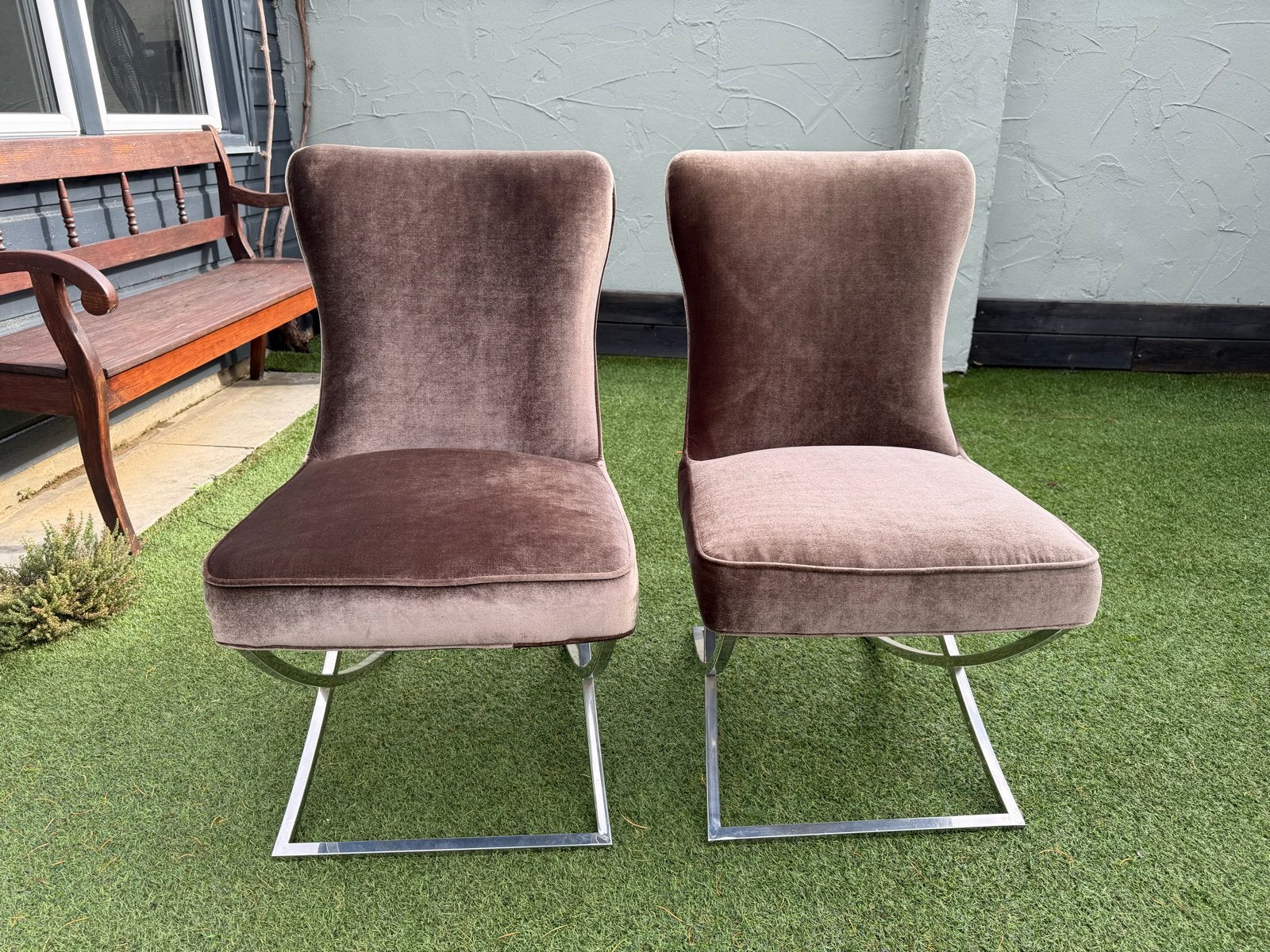 Luxe fluwelen eetkamerstoelen Drancy met chroom onderstel, Ophalen, Gebruikt, Twee, Bruin