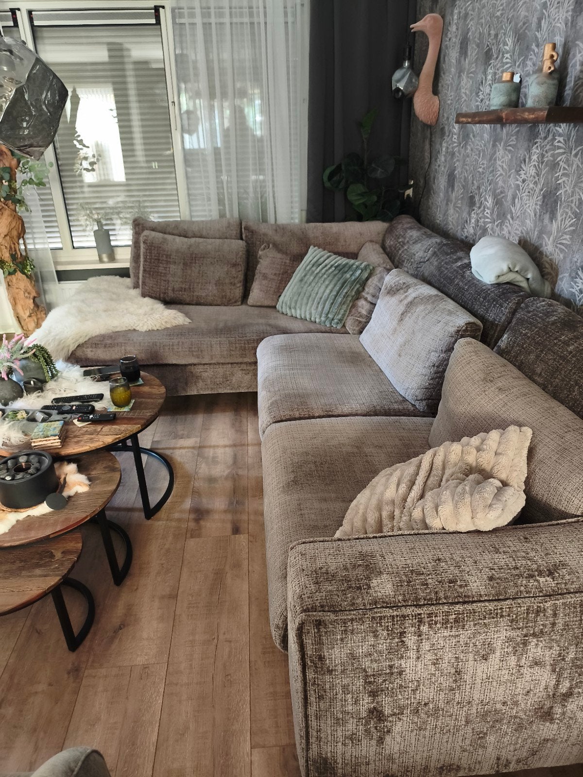 Comfortabele Hoekbank - Grijs/Bruin Stof, Ophalen, Modern, Comfortabel, 250 tot 300 cm, Gebruikt