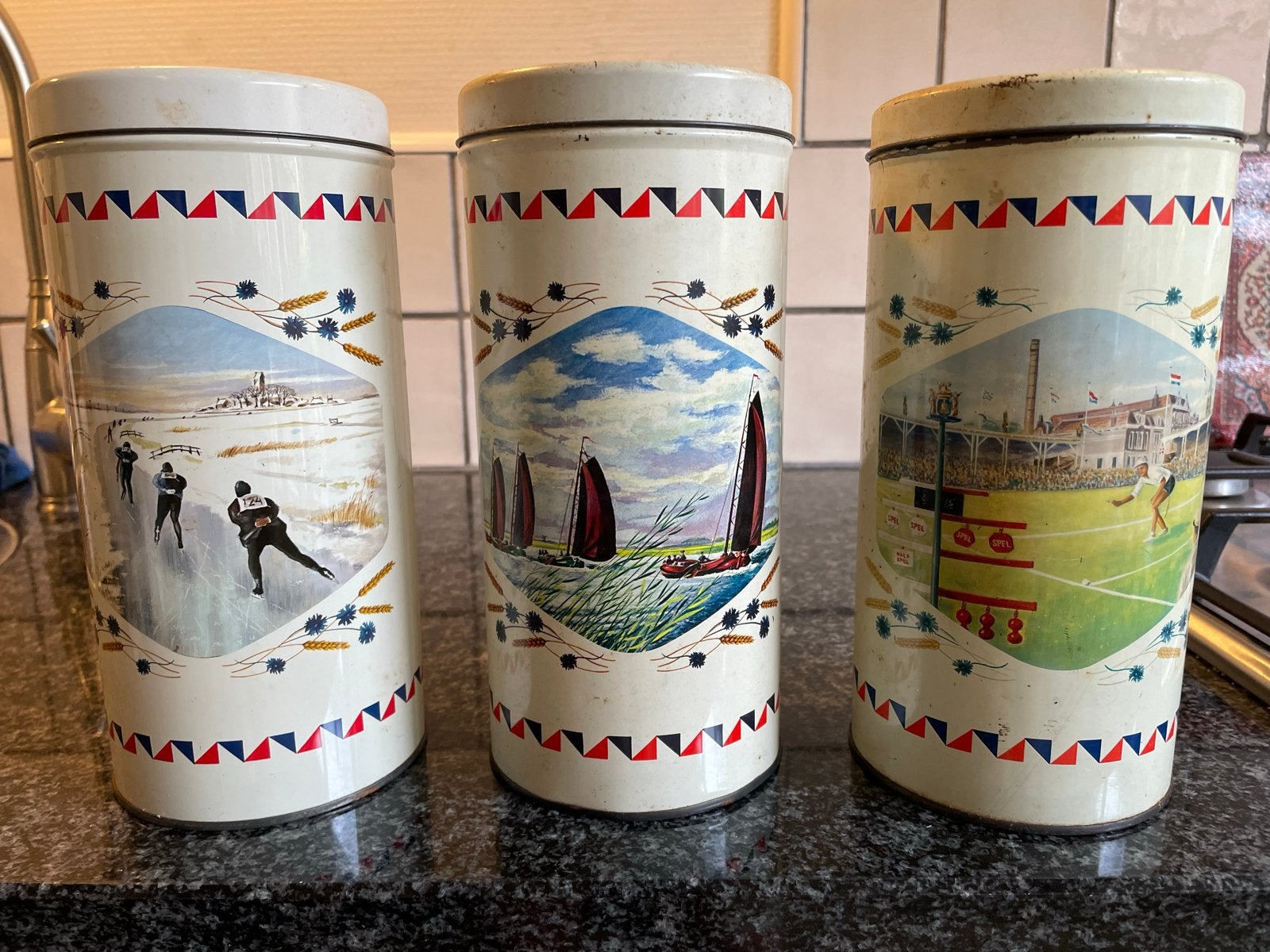 3 Vintage beschuitbussen van Van Der Meulen, Antiek en Kunst, Ophalen of Verzenden