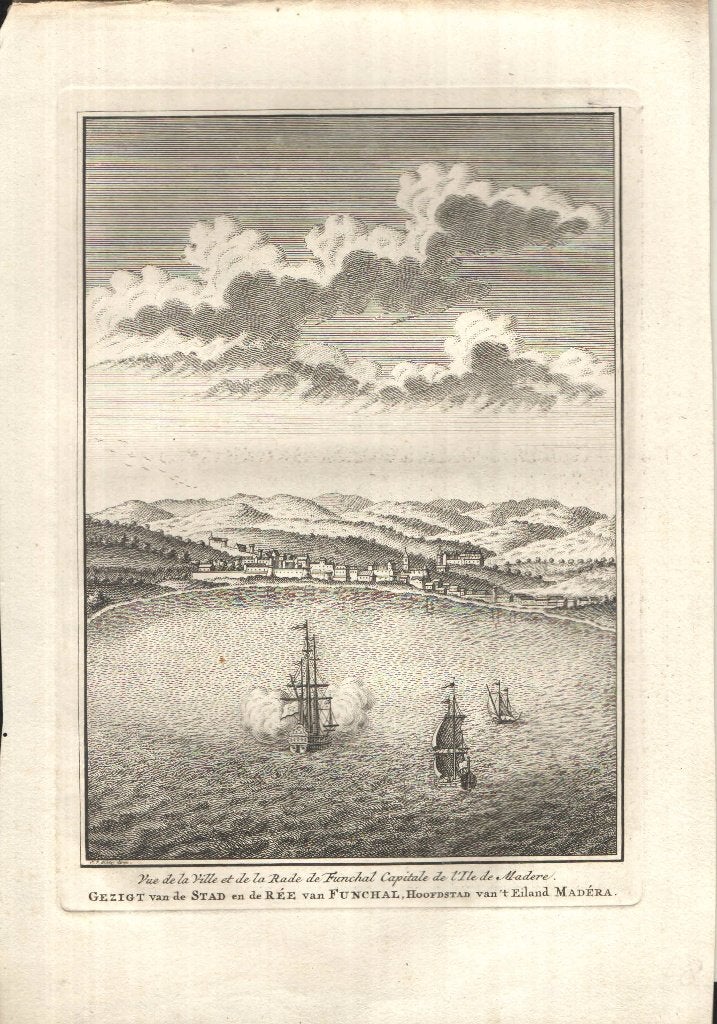 Gezigt van de stad en de ree van Funchal 1748, Met tekst, Stadsgezicht, Ophalen of Verzenden, Gravure