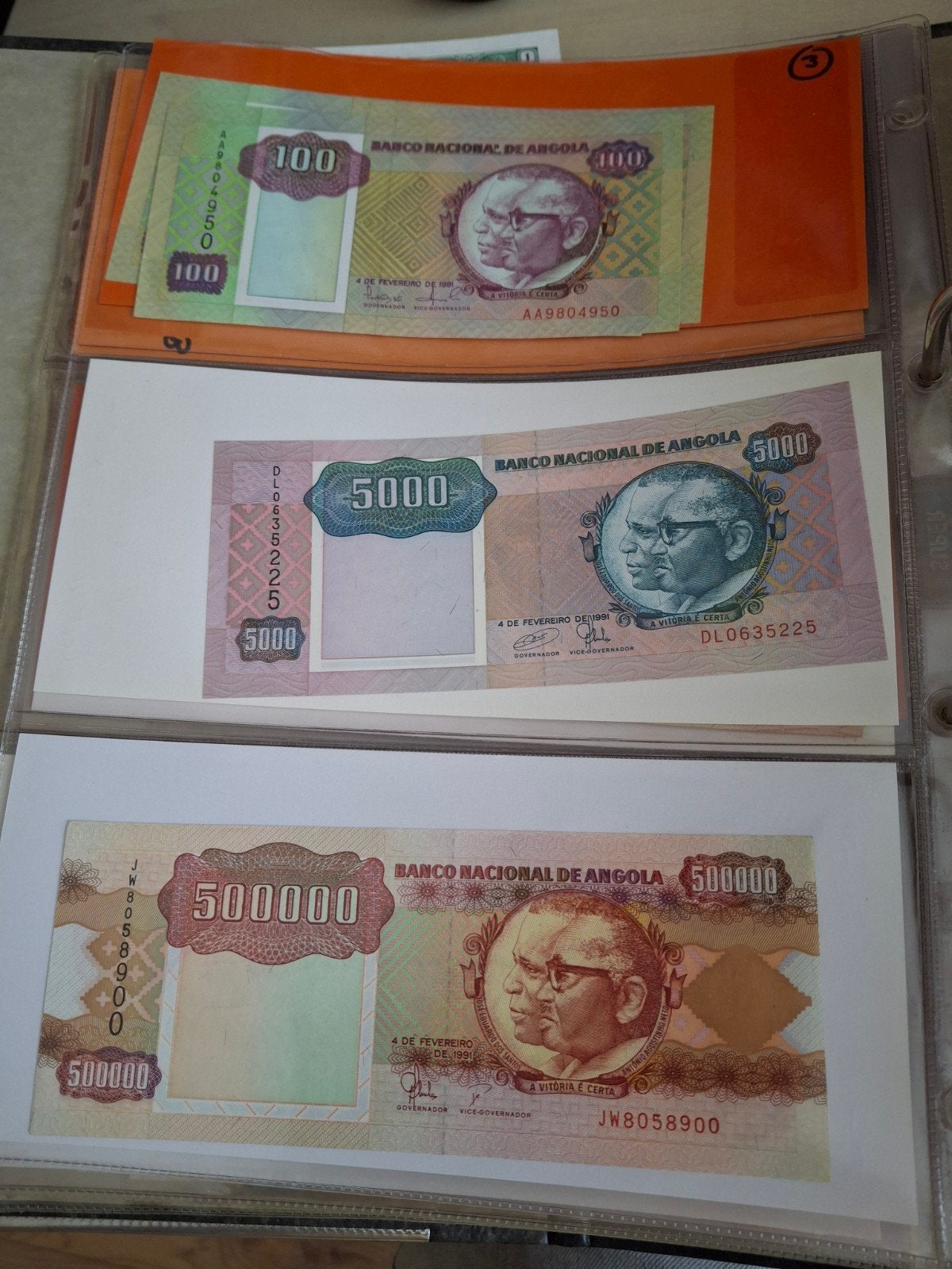 3 biljetten uit Angola een100 / 5000/500 000, Ophalen of Verzenden, Clearstamp