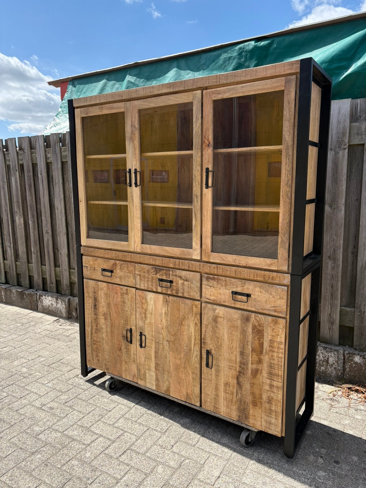 NIEUW - Buffetkast mangohout, zwartstaal frame, Huis en Inrichting, Ophalen, 200 cm of meer, Nieuw, 50 tot 100 cm