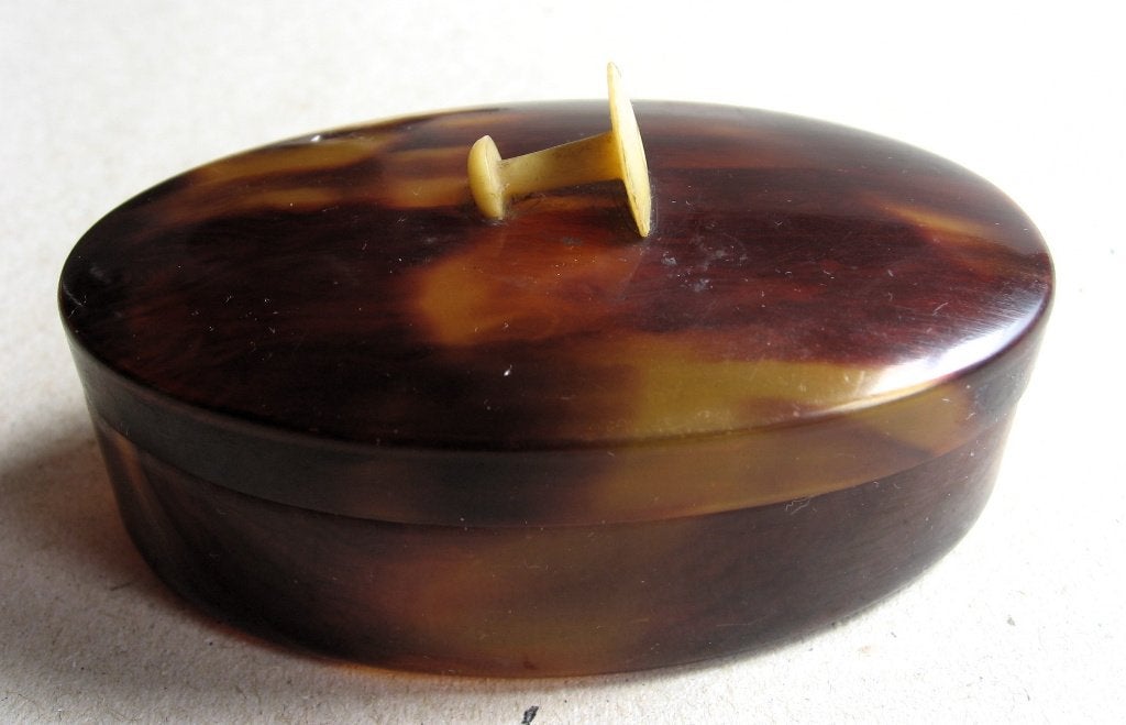 Antieke faux schildpad cellulose knopendoos, Ophalen of Verzenden
