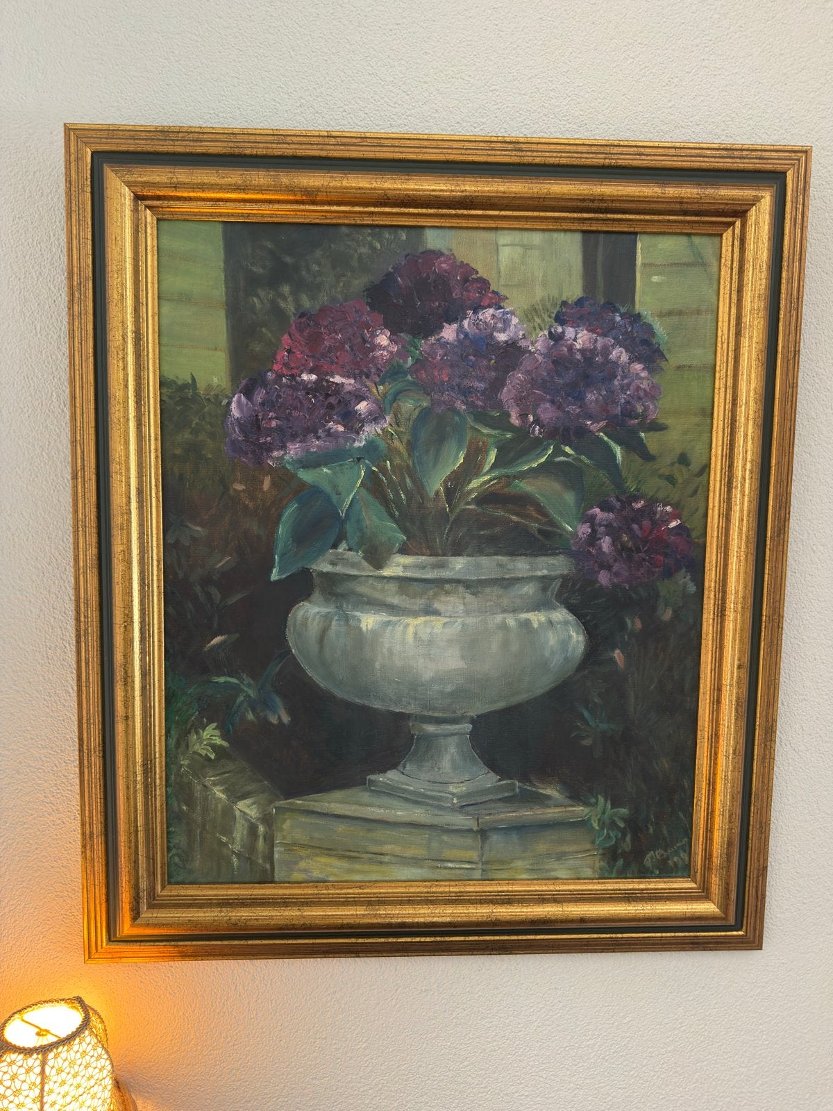 Schilderij met Hortensia's in Pot - Klassiek Stilleven, Antiek en Kunst, Bloemen, Doek, Ophalen of Verzenden, Olieverf