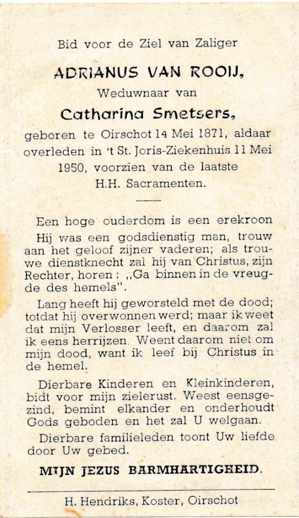 Rooij Adrianus 1871 Oirschot 1950, Ophalen of Verzenden, Bidprentje