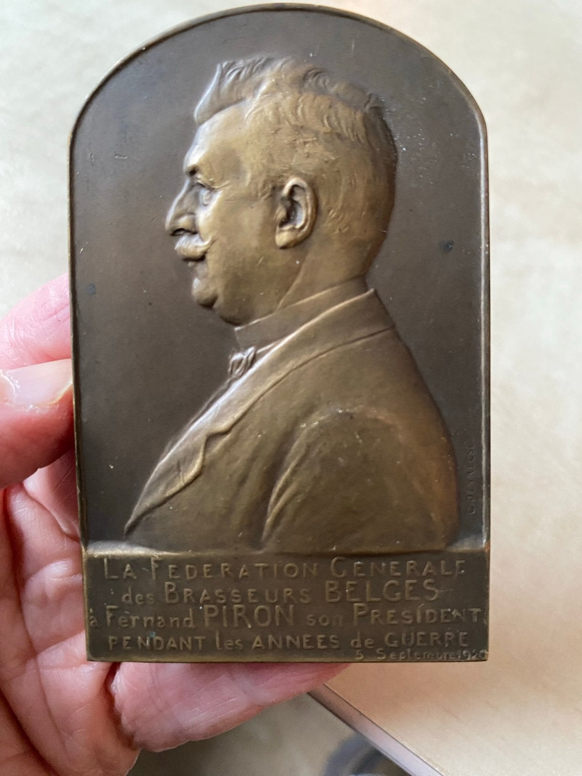Antieke brons plaquette Fernand Piron 1920 penning medaille, Ophalen of Verzenden, Brons, Buitenland
