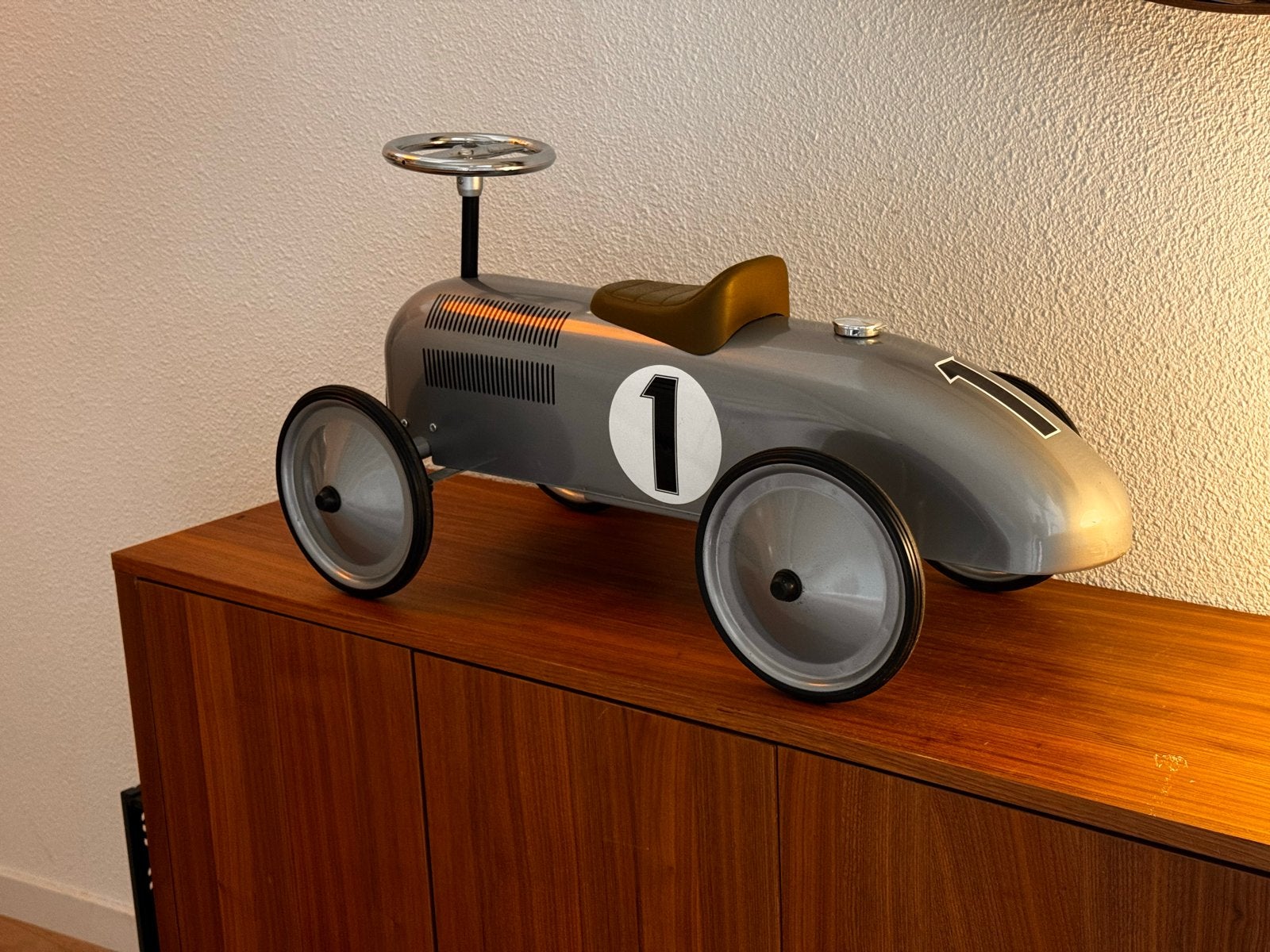 Retro Roller loopauto zilver met nummer 1, Ophalen of Verzenden, Zo goed als nieuw