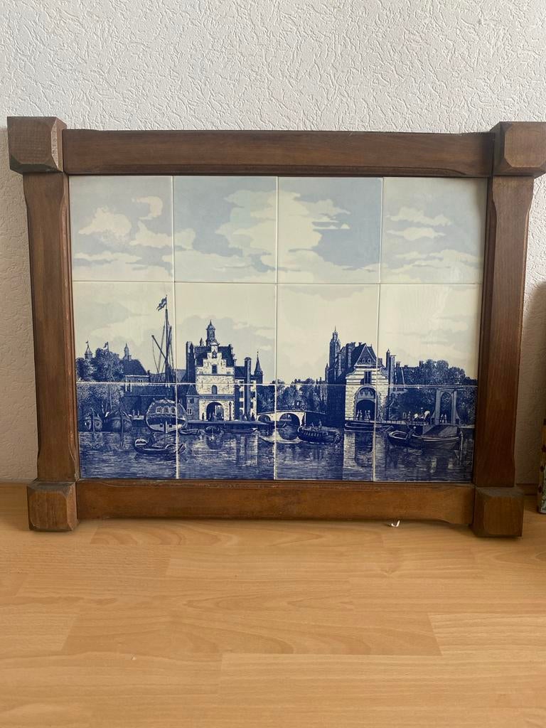 Delfts Blauw Tegeltableau met Hollands Stadsgezicht Delft, Antiek en Kunst, Antiek | Wandborden en Tegels, Ophalen