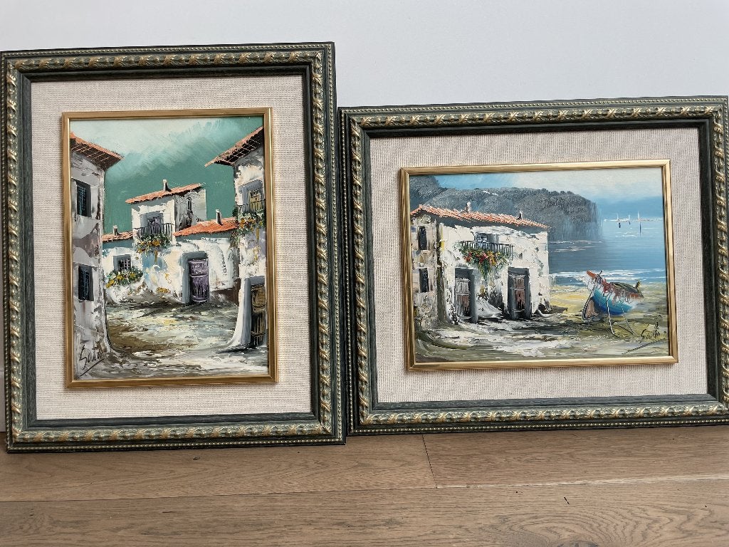 Mooie set van 2 Mediterrane schilderijen!, Ophalen, Paneel, Stads- / dorpsgezicht, Realistisch
